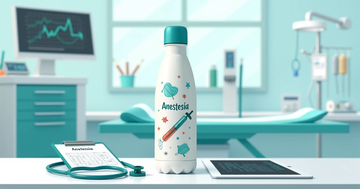 Garrafa térmica de anestesista em mesa de plantão com estetoscópio e tablet 