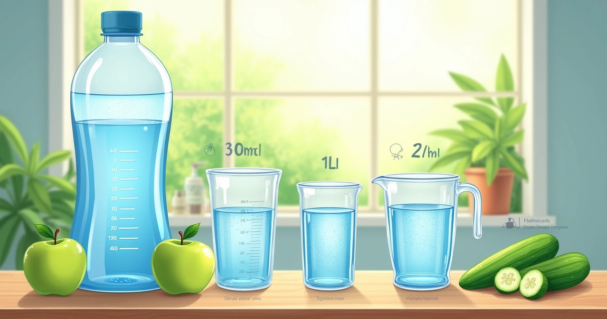 Ilustração de garrafa de água, copos de medição e frutas verdes, simbolizando a hidratação ideal.