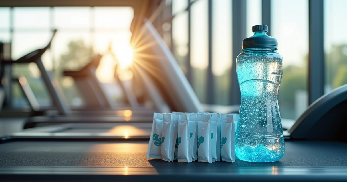 Garrafa de água e sachês de sais minerais em esteira de academia 