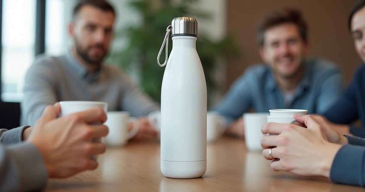 Garrafa térmica grande com alça e capacidade para 2 litros na mesa de escritório 
