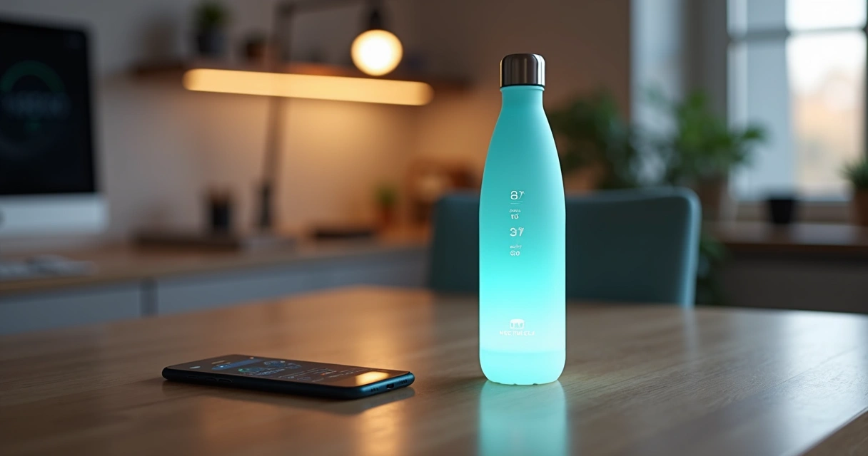 Garrafa inteligente de água sobre mesa com luzes e aplicativo conectado ao lado