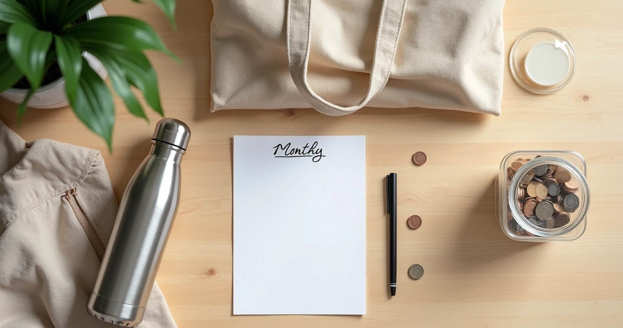 Garrafa reutilizável, ecobag e pote sobre mesa