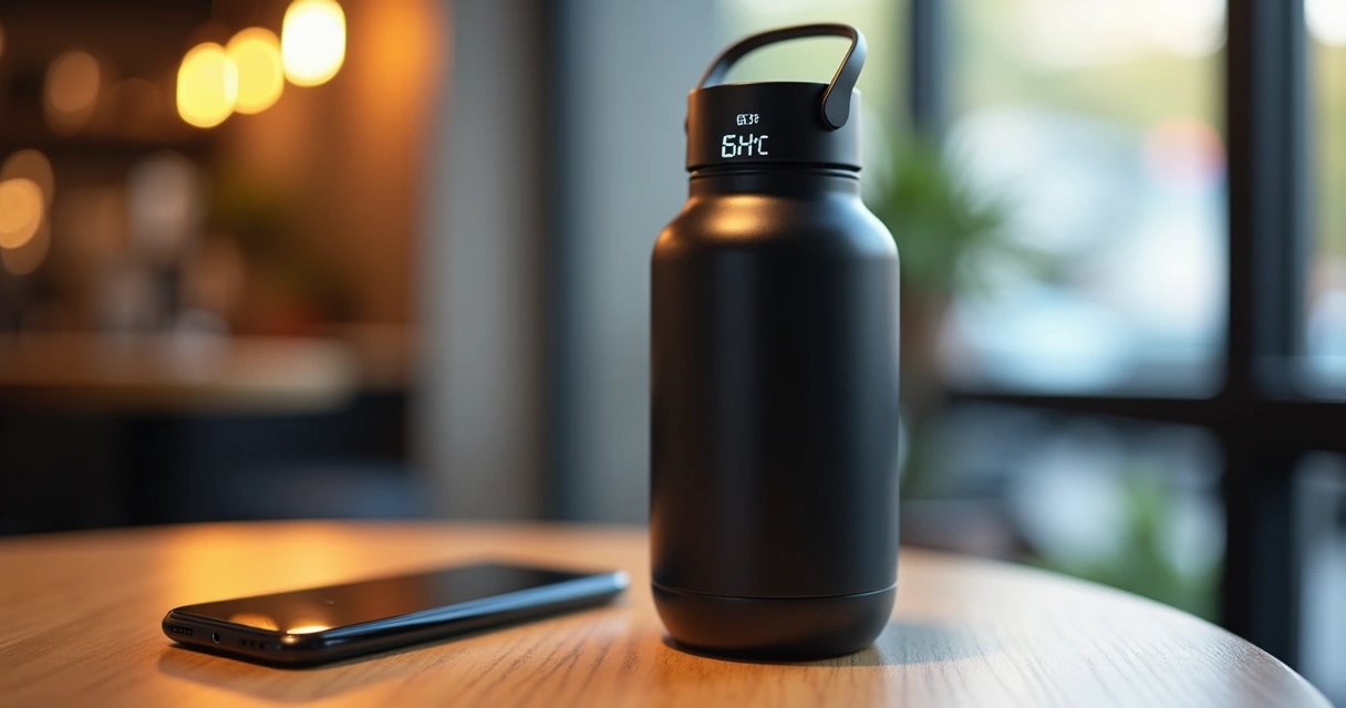 Garrafa térmica inteligente preta com display digital mostrando a temperatura 