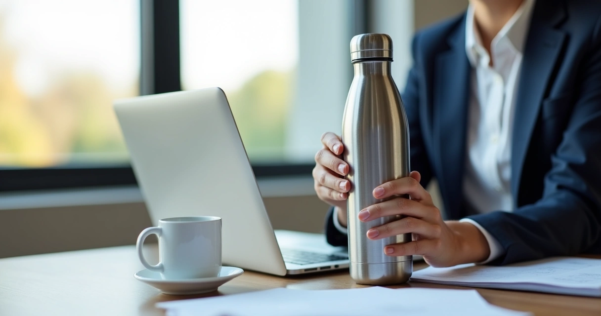 Pessoa segurando garrafa térmica em escritório 