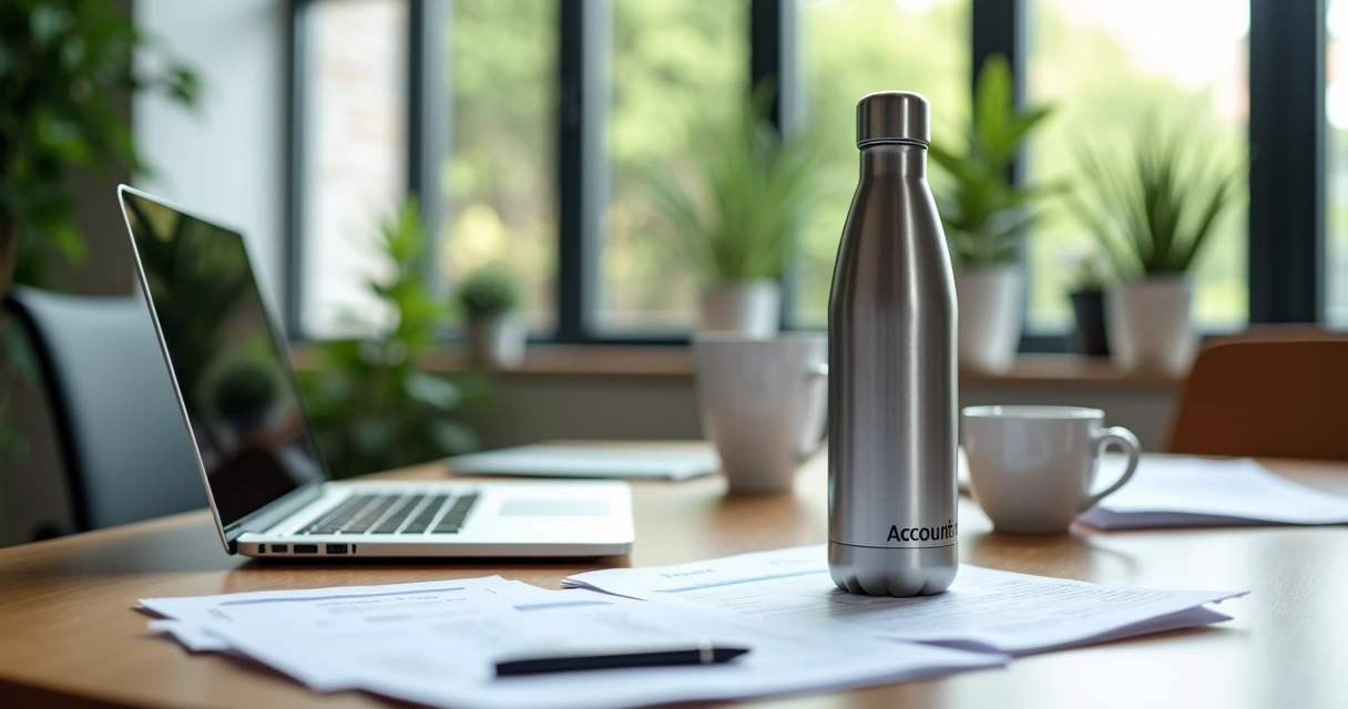Garrafa térmica personalizada ao lado de notebook em mesa de escritório contábil 
