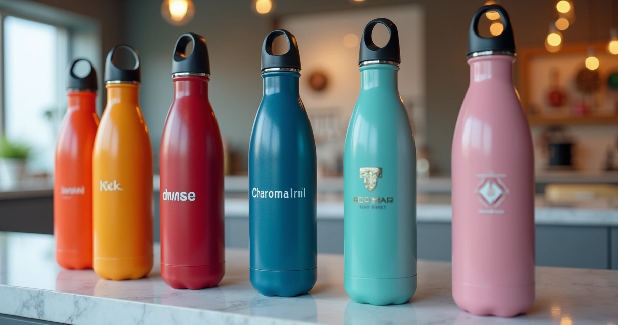 Garrafas térmicas coloridas em bancada com logo de várias marcas