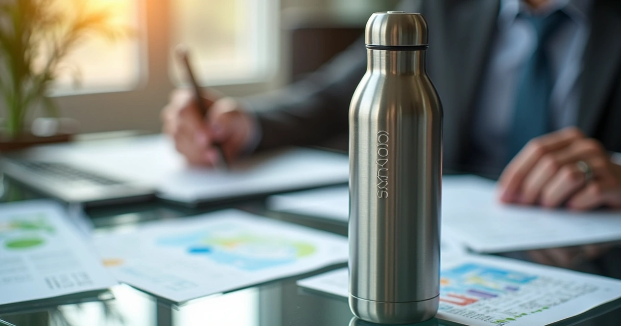 Garrafa térmica personalizada sobre mesa de vidro com notas fiscais ao fundo 