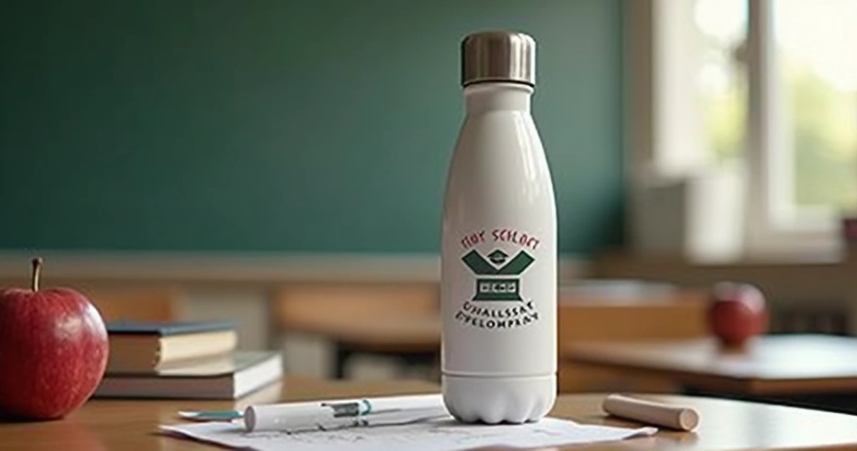 Garrafa térmica personalizada com logo de escola na mesa com maçã e livros