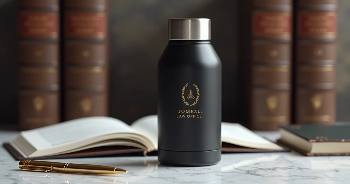 Garrafa térmica personalizada em cenário jurídico 
