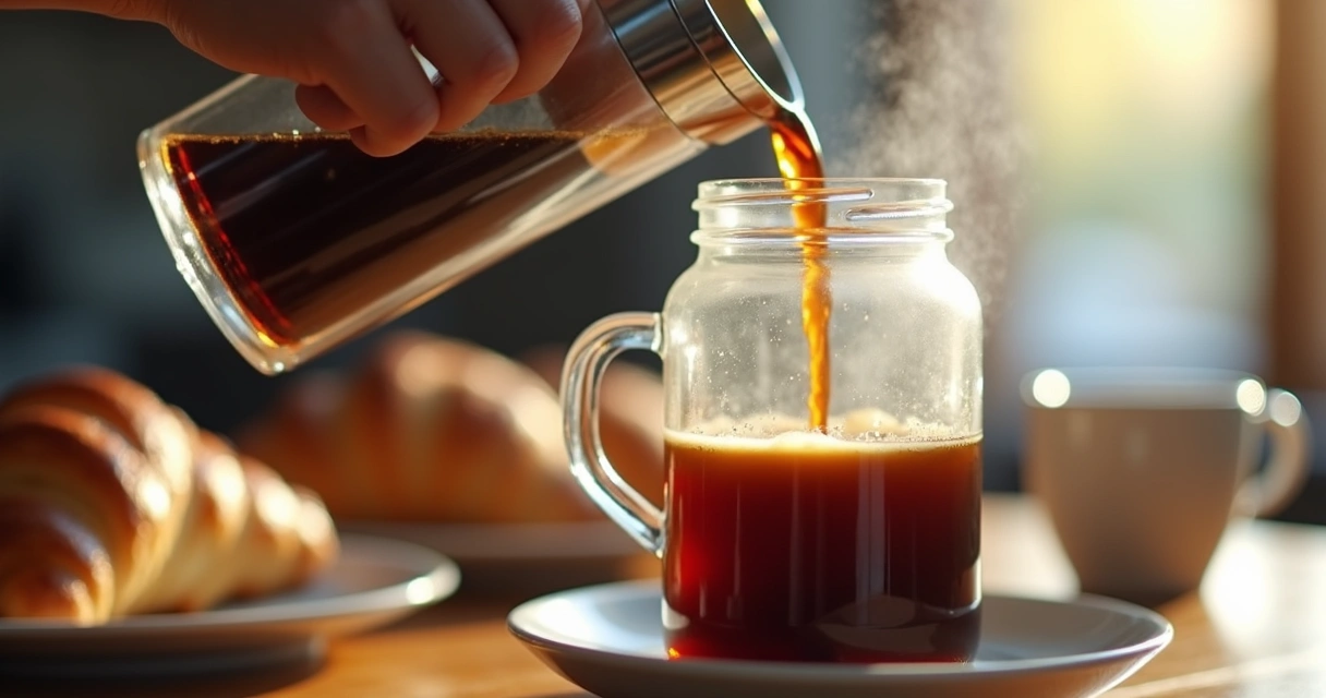 Garrafa térmica com ampola de vidro transparente sendo enchida com café 