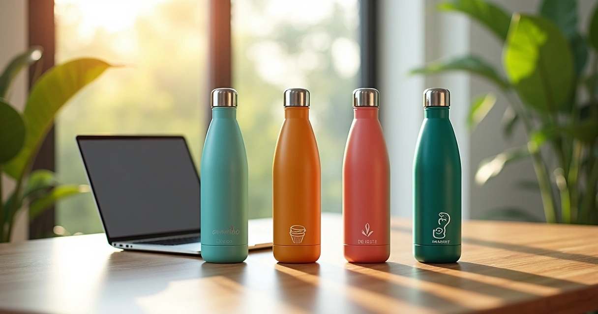 Diversas garrafas personalizadas alinhadas à identidade visual empresarial 