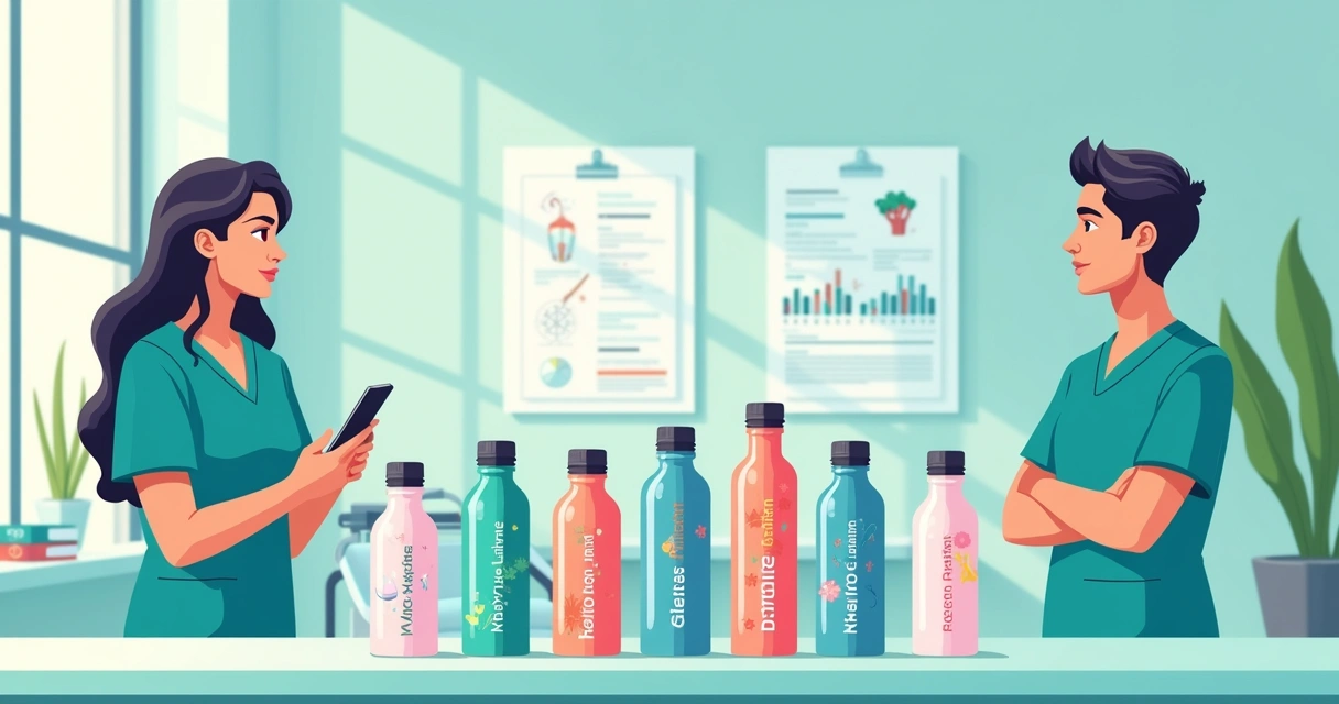 Garrafas personalizadas com nome para médicos, com estampas de anestesia em ambiente de consultório 