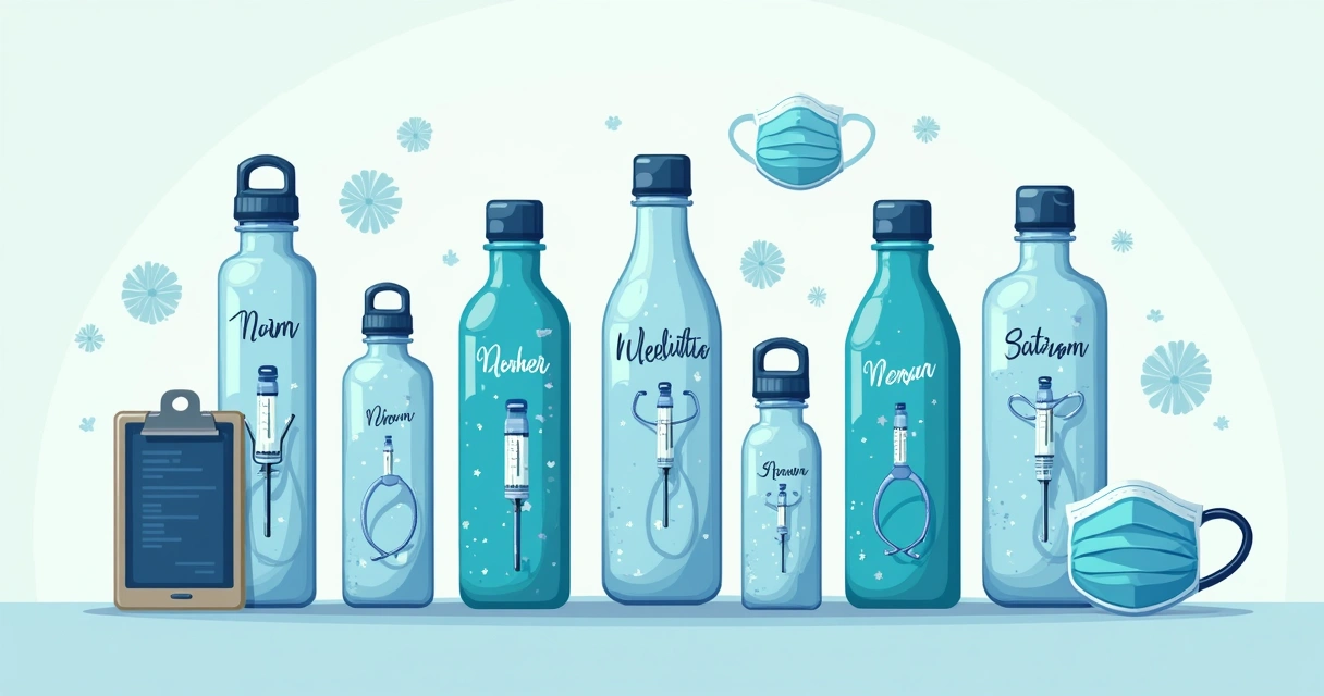 Diversos modelos de garrafas personalizadas para profissionais da saúde, com estampas temáticas de anestesia, nomes e detalhes coloridos, dispostas sobre fundo claro e limpo 