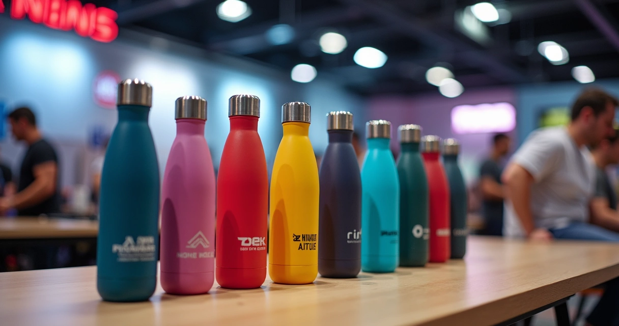Garrafas térmicas personalizadas dispostas em uma mesa de evento corporativo