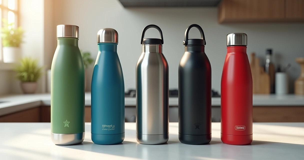 Garrafa térmica de várias marcas e cores lado a lado 
