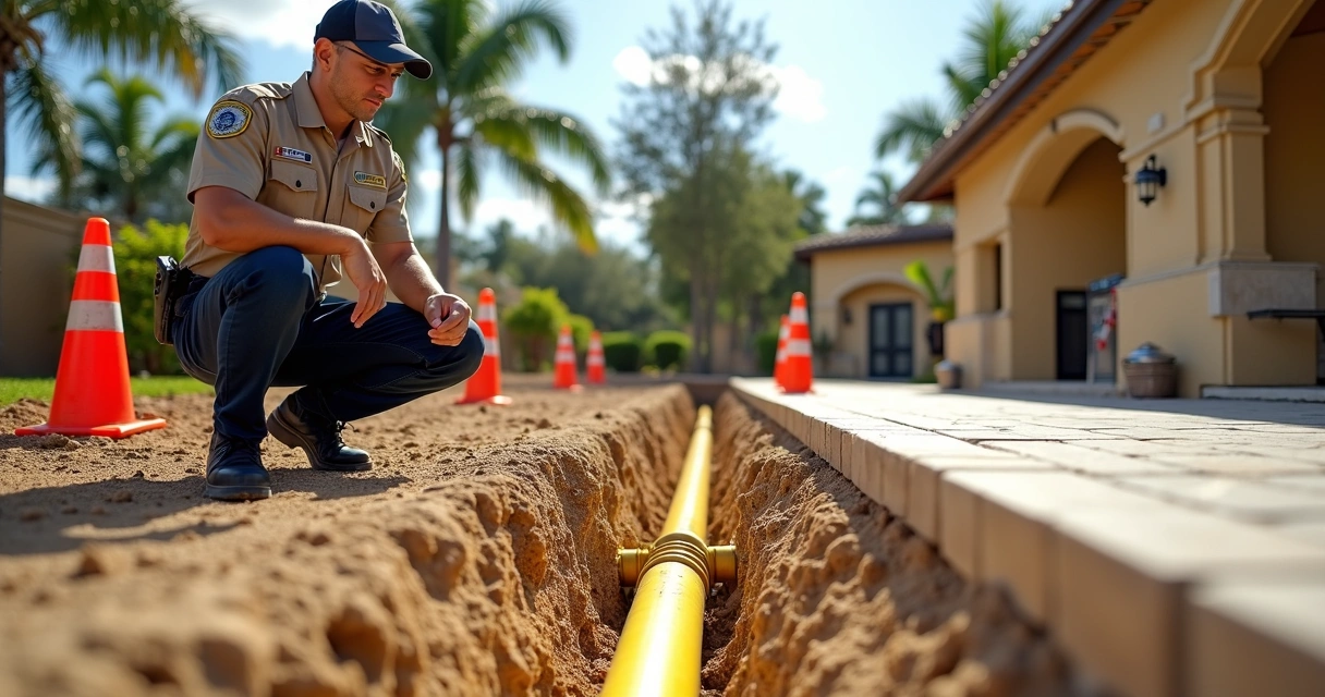 Inspector checking exterior gas line at a residential outdoor kitchen 
