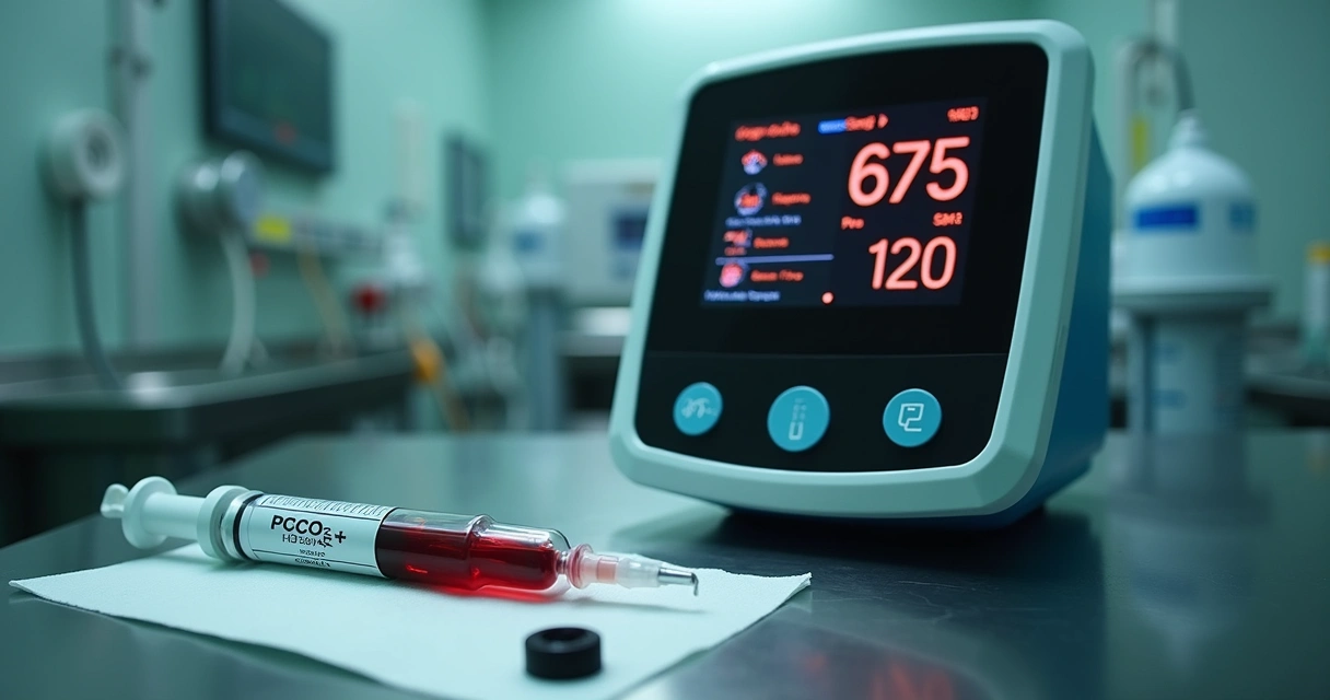 Medidor de gasometria arterial ao lado de seringa com sangue em bancada na sala de emergência 