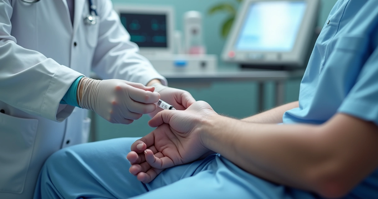 Médico coletando sangue arterial do punho de um paciente adulto sentado 