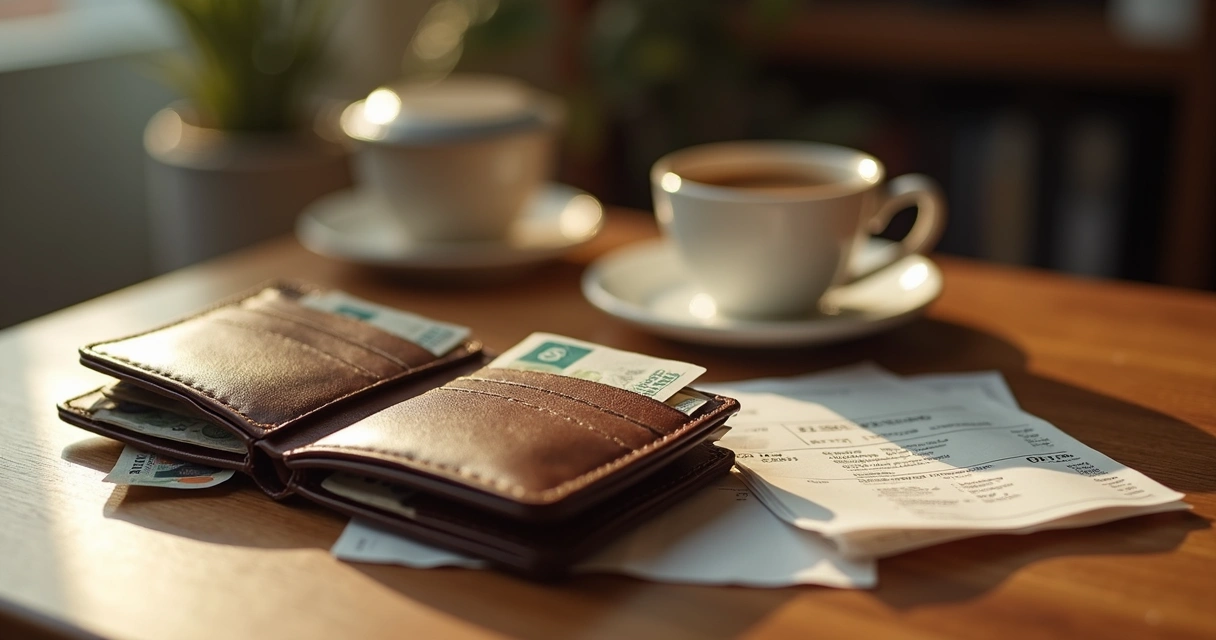 Mesa com carteira aberta, notas pequenas, copo de café e recibos