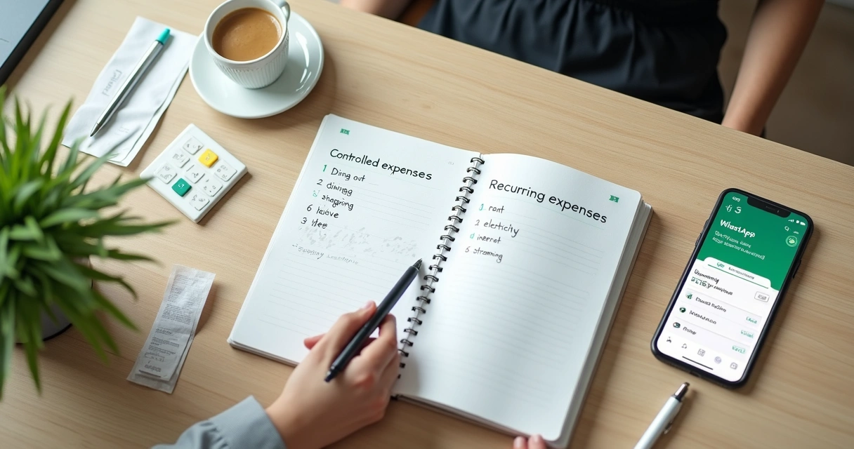 Pessoa organizando gastos controlados e despesas recorrentes em duas colunas em um caderno 