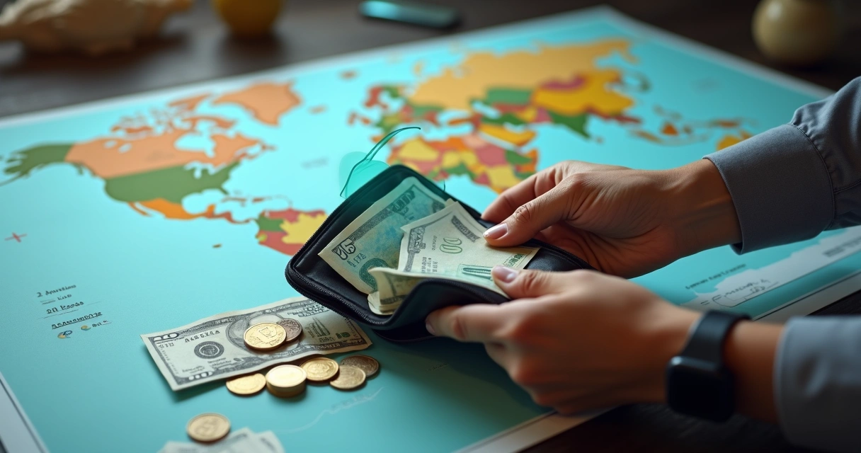 Mão segurando diferentes moedas sobre mapa-múndi com gráfico financeiro transparente 