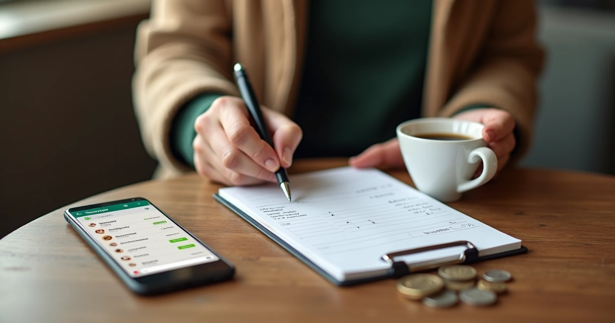 Pessoa anotando gastos de café na mesa com caderno e xícara 