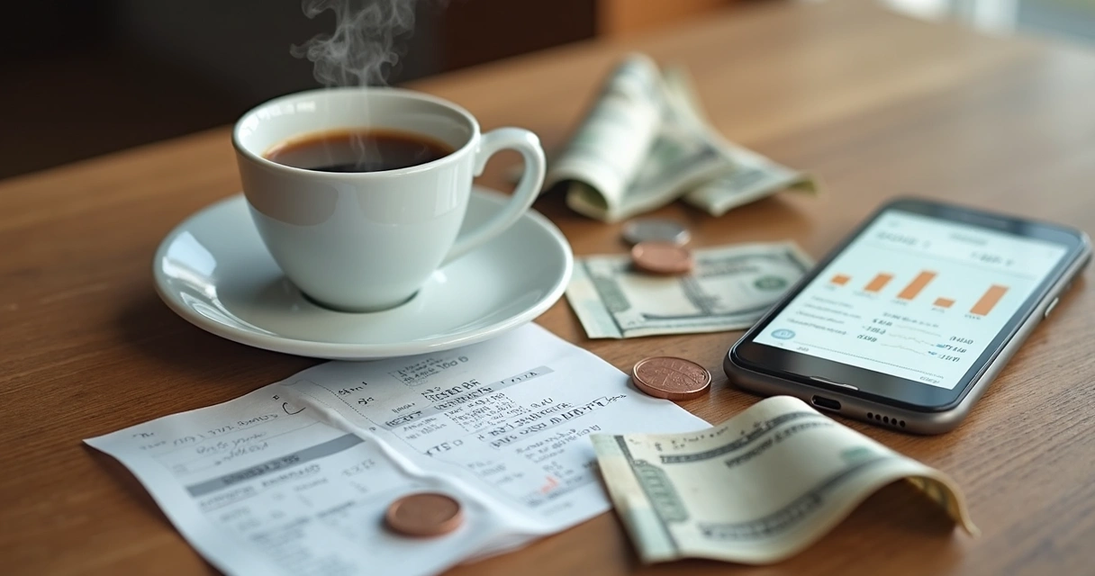 Mesa com pequenas despesas do dia a dia como café, moedas e recibos sobre um fundo claro 