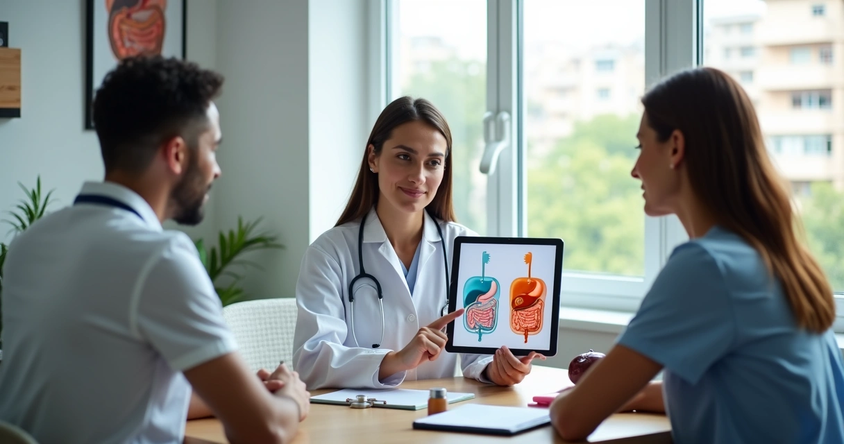 Médica explicando com tablet a diferença entre exames do estômago e do fígado a um casal de pacientes 