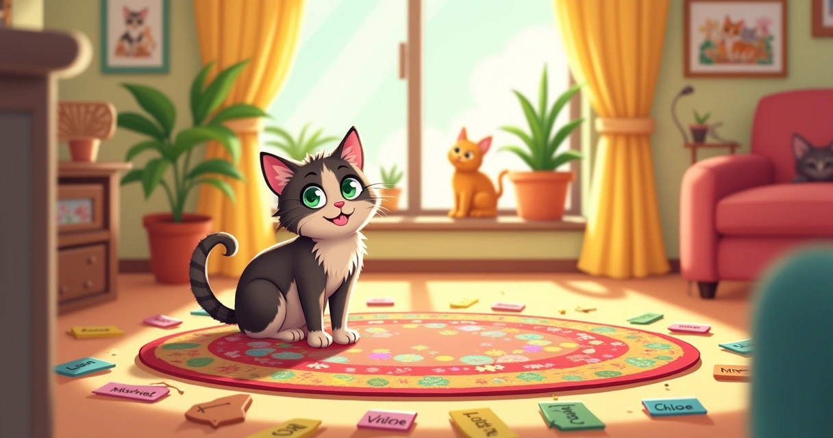 Gata brincalhona em um tapete colorido, cercada por etiquetas de nomes como 