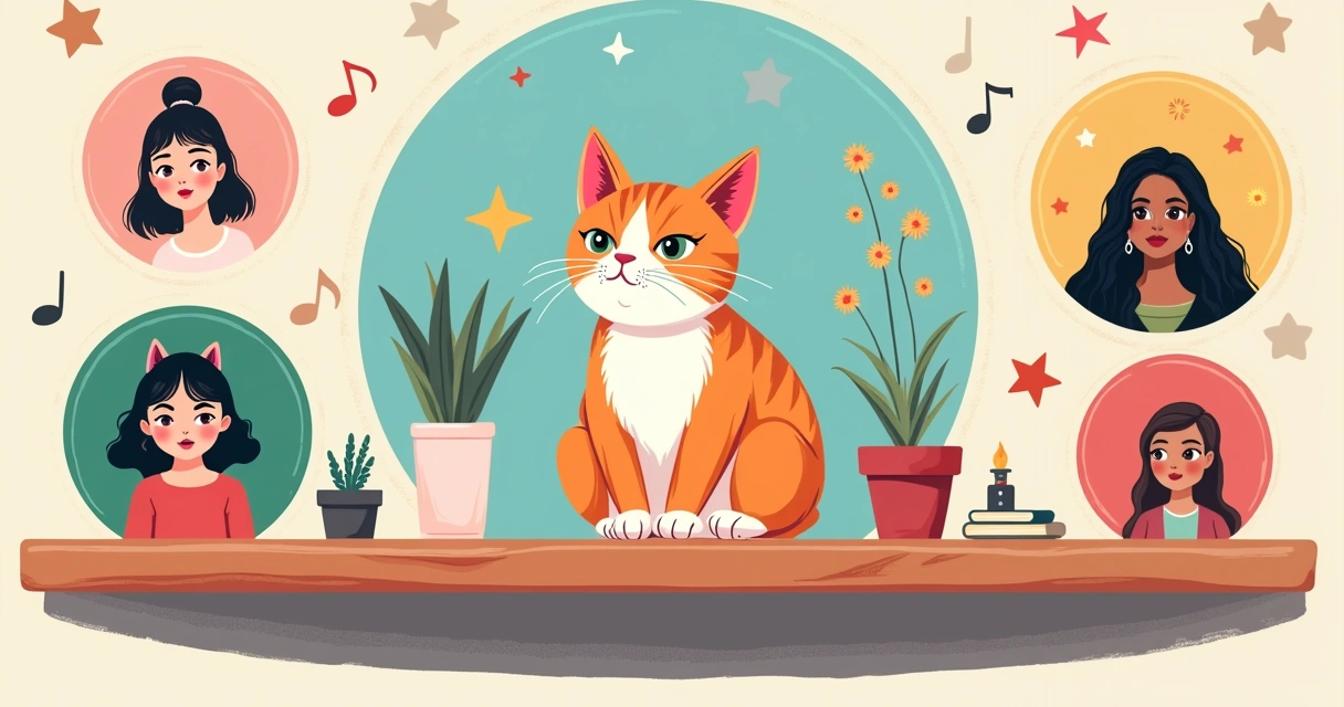 Gata colorida com elementos inspiradores de celebridades e ambiente alegre na mesa de madeira.