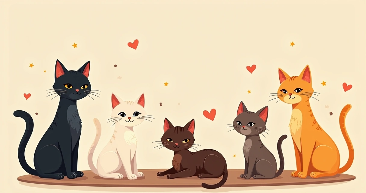 Gatas de várias cores em uma mesa, representando nomes inspirados em suas pelagens como Ébano e Pérola.