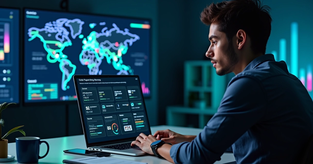 Empreendedor analisa painel de pagamentos globais no notebook 