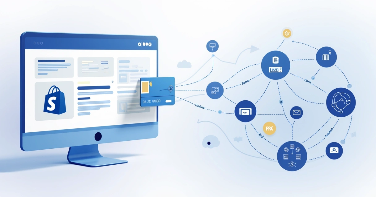 Fluxo de infraestrutura de um gateway de pagamento entre loja Shopify e métodos disponíveis 