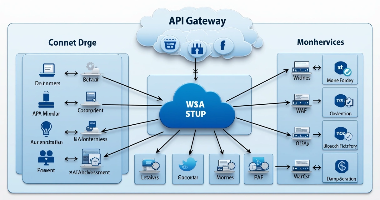 Diagrama de arquitetura de API Gateway e microsserviços com camadas de segurança 