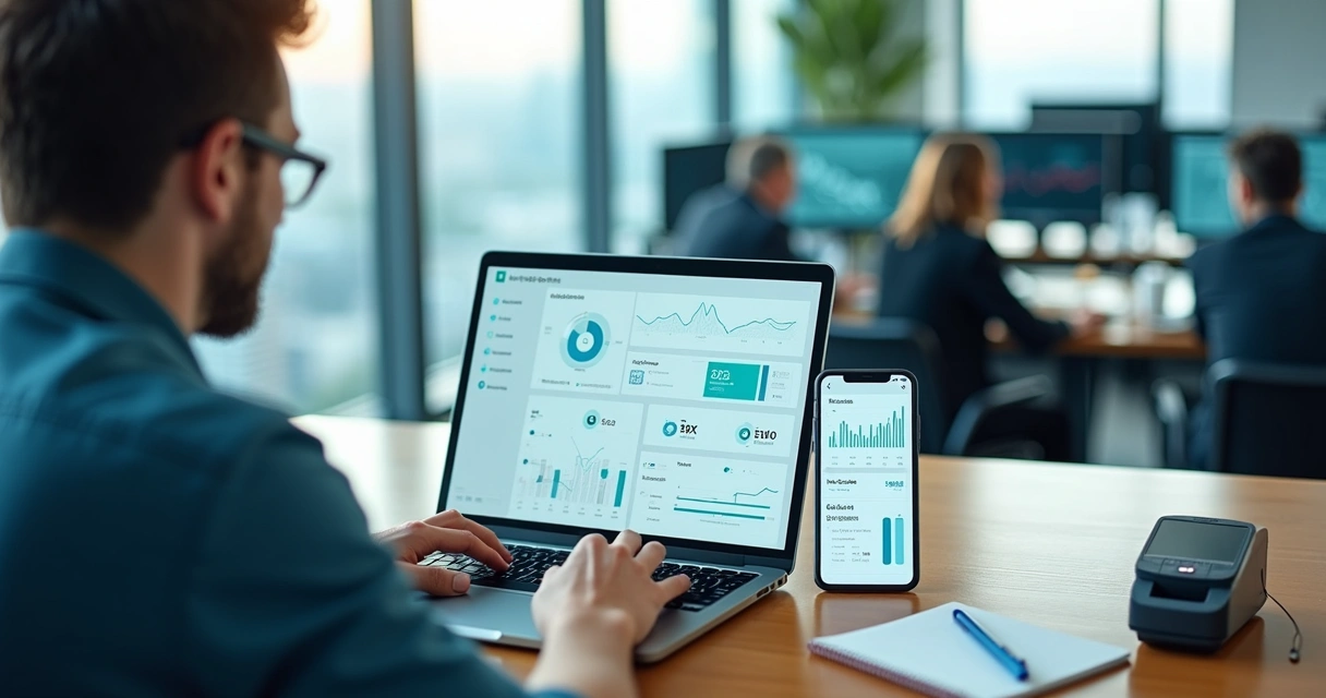 Empresário analisando painel de pagamentos recorrentes em notebook com ícones de meios de pagamento 