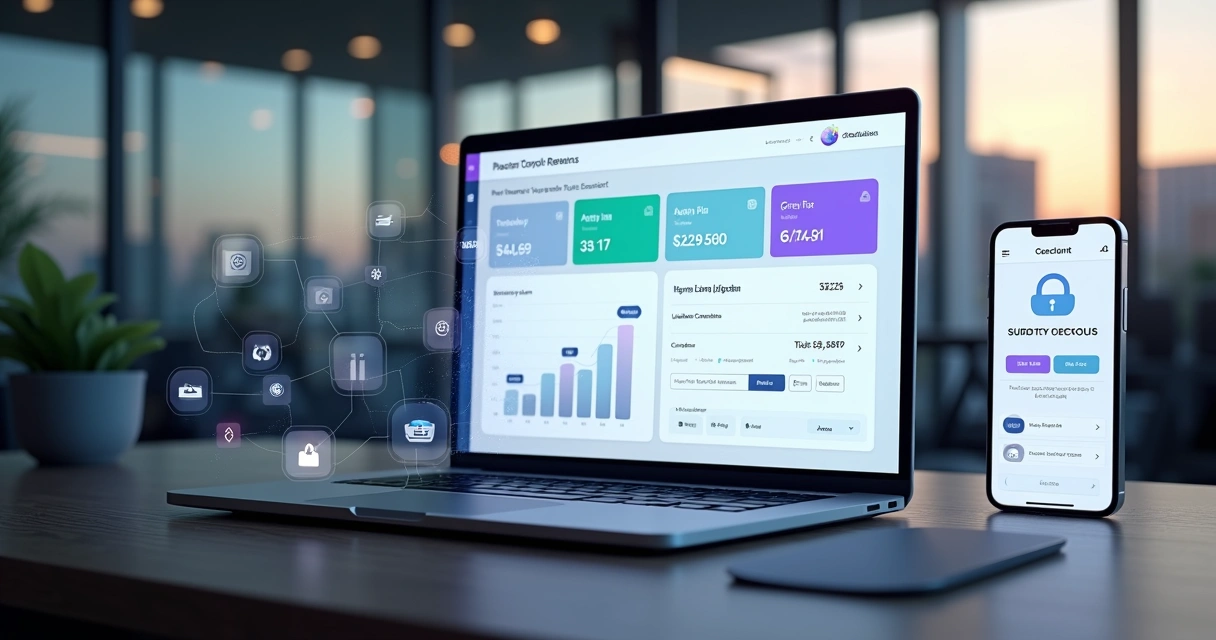 Painel de pagamentos recorrentes para SaaS com gráficos e cartões digitais na tela 