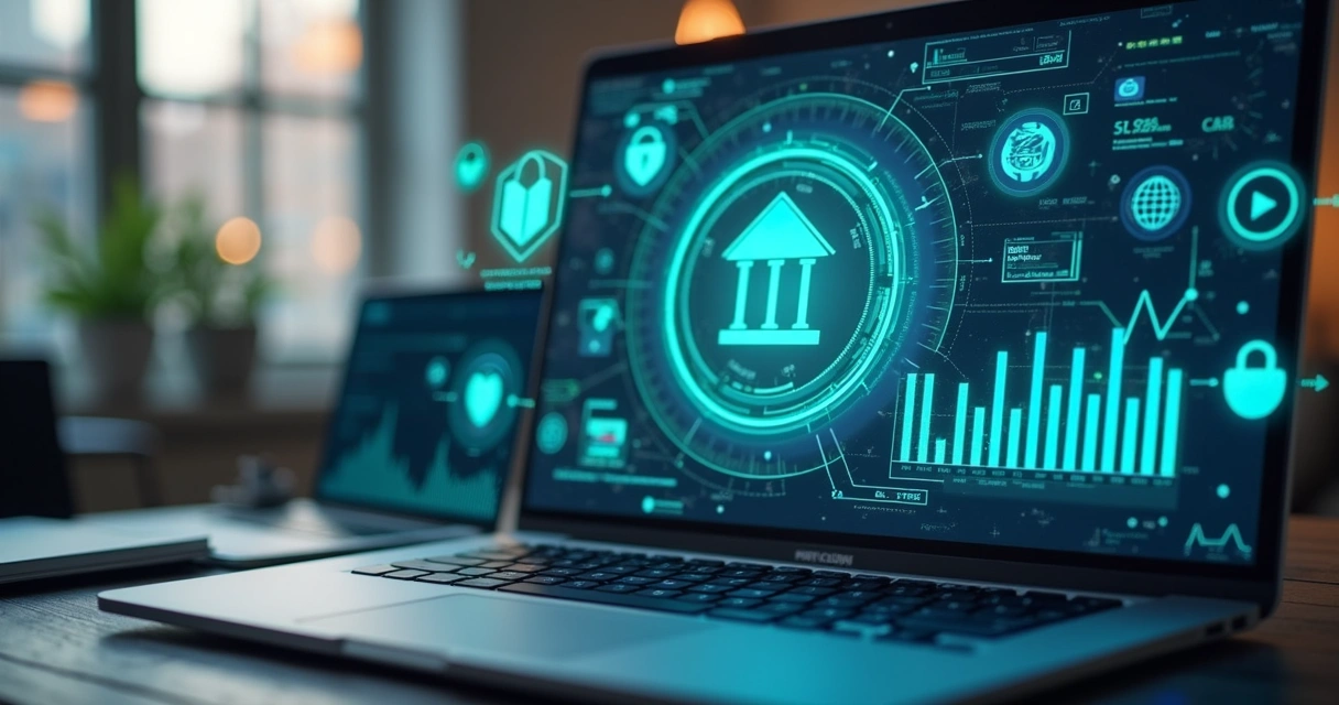 Computador mostrando transação digital segura conectando loja virtual a banco com gráficos e ícones de segurança 