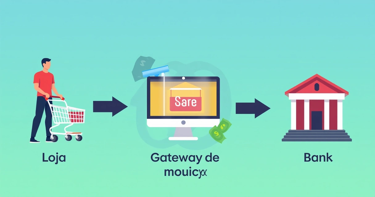 Desenho plano mostrando o processo de gateway de pagamento 