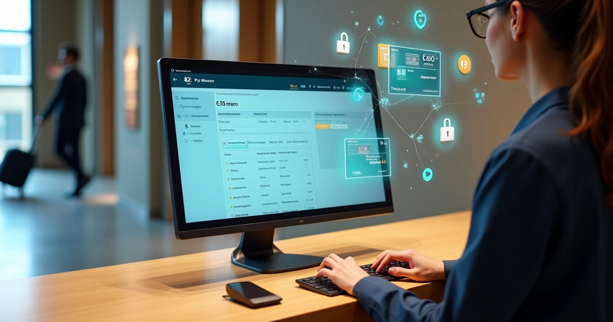 Recepcionista de hotel processando pagamento digital em tela com ícones de meios de pagamento 