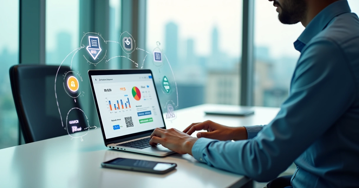 Empresário analisa dashboard de gateway de pagamento em notebook com ícones de meios de pagamento 
