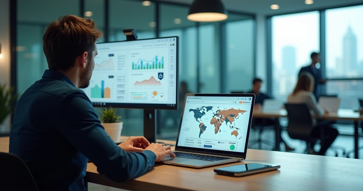 Empresário analisando painel de gateway de pagamento para SaaS em notebook 