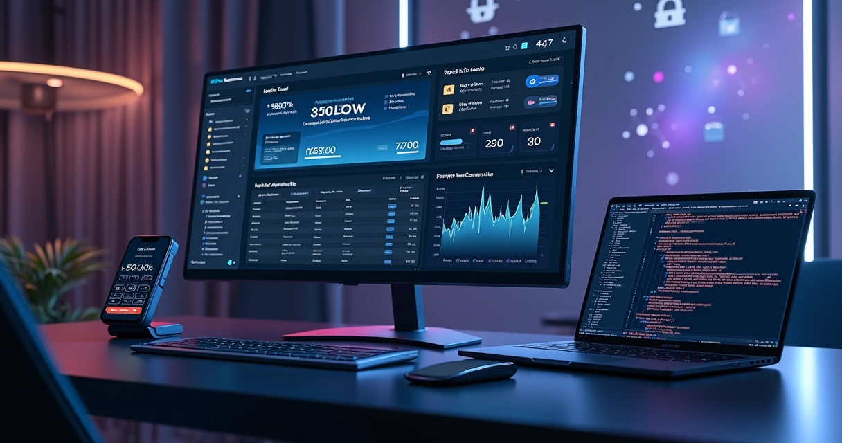 Painel de gateway de pagamento com gráficos e ícones de meios de pagamento 