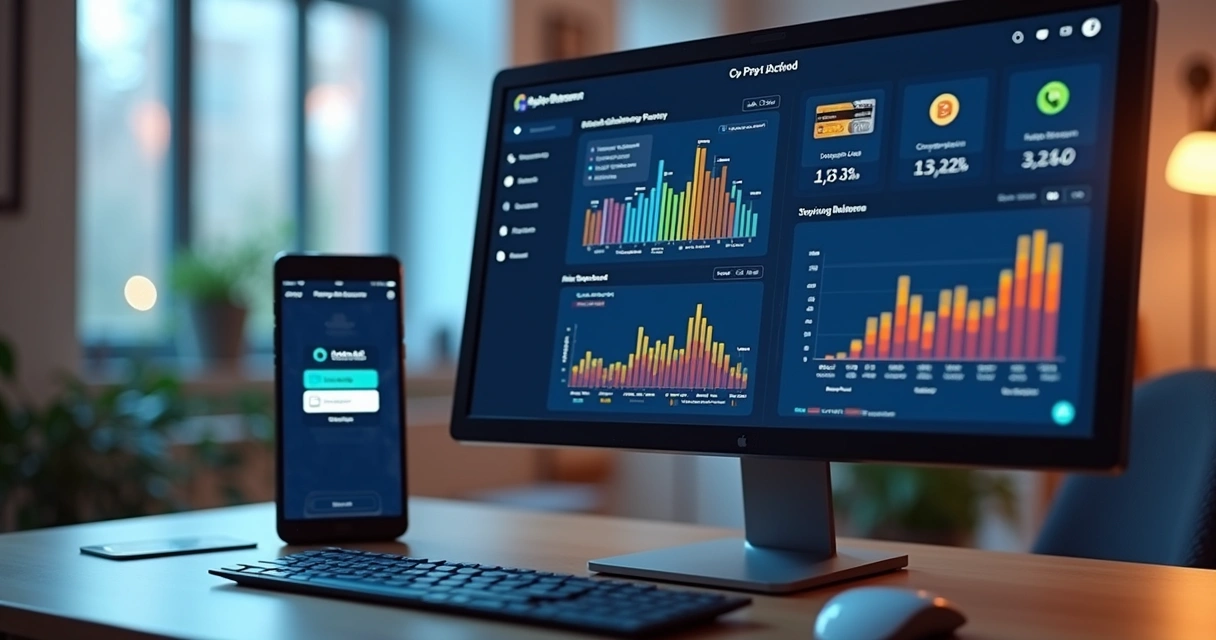 Tela de computador mostrando dashboard de gateway de pagamento com gráficos e ícones de métodos de pagamento digitais 