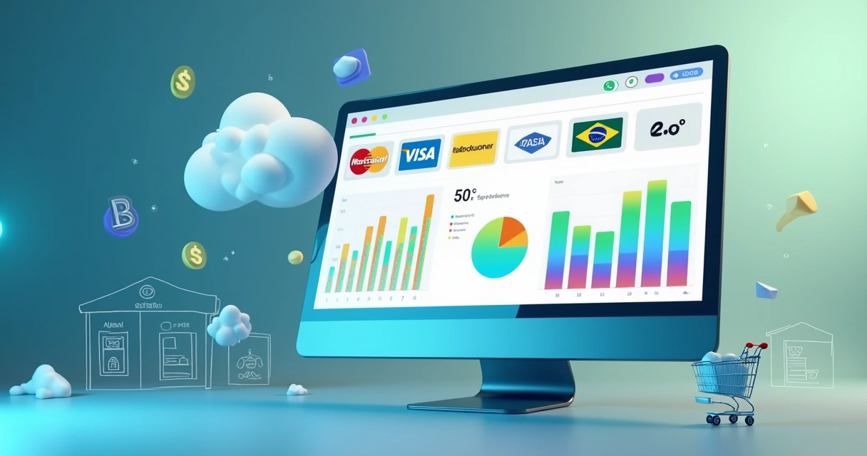 Dashboard digital de pagamentos mostrando gráficos, bandeiras de cartões e opções de moedas 