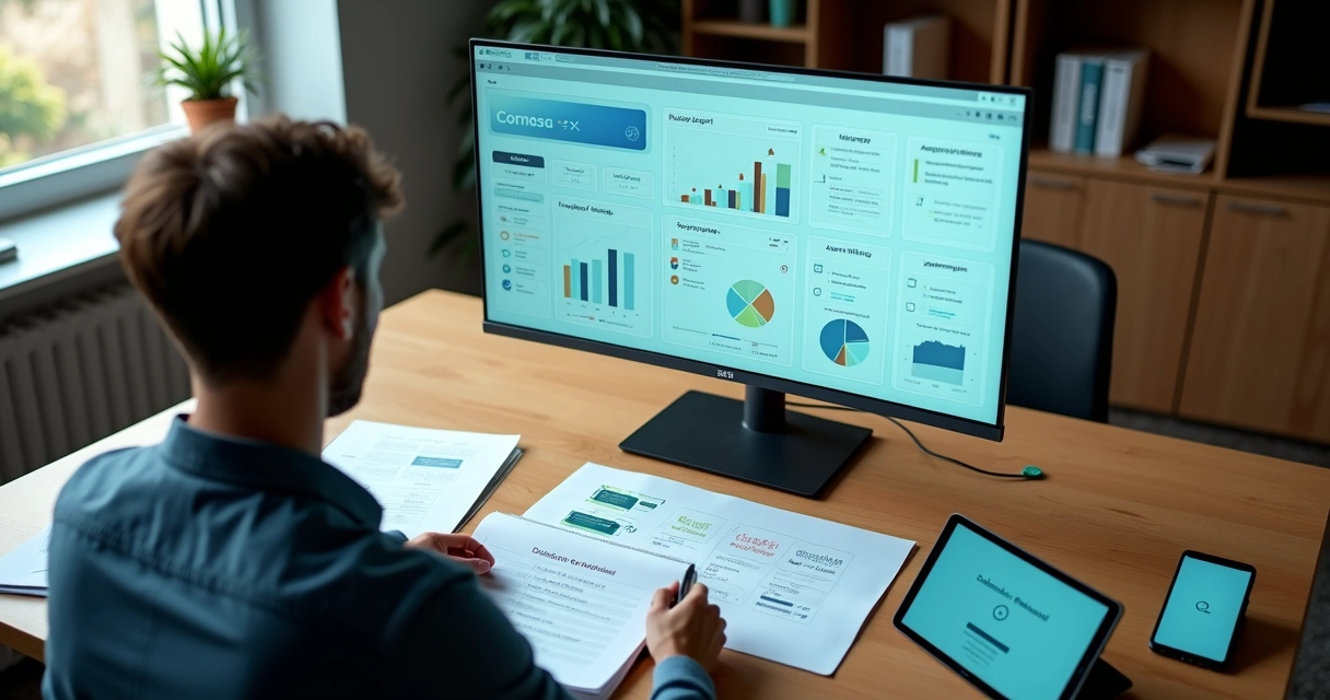 Empreendedor compara painéis de gateways de pagamento recorrente em monitor widescreen 