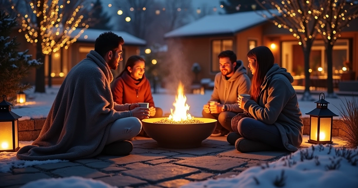 Family gathering around firepit in winter garden with subtle lighting
