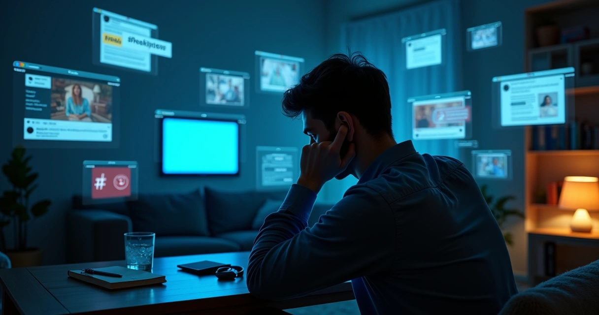 Pessoa cercada por telas digitais com conteúdo emocionalmente intenso 