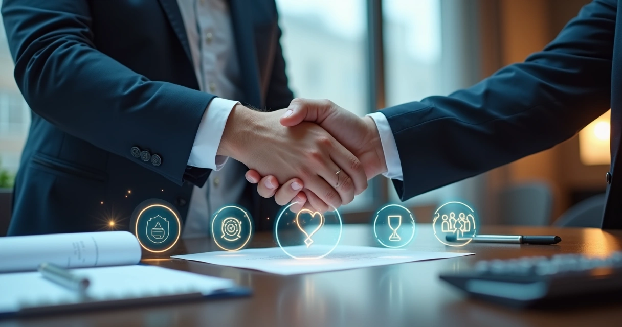 Mão apertando outra sobre mesa com cinco ícones de emoções ligados a fechamento de contratos 