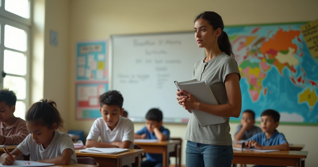 Professora observa alunos em sala de aula percebendo reações emocionais sutis 
