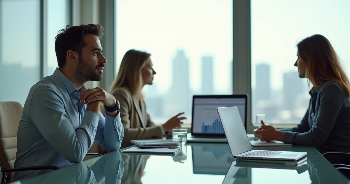 Profissional em escritório percebendo gatilho emocional durante reunião de trabalho 